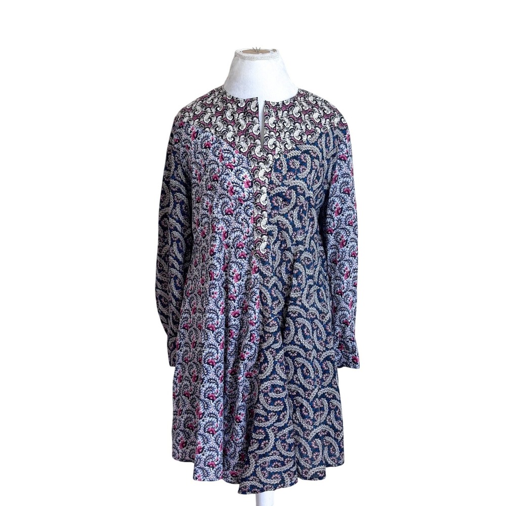 Isabel Marant Etoile Boho Paisley Mini Dress 38 Blue Pink Floral Relaxed Cotton